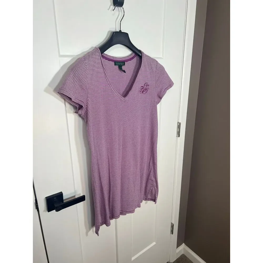 Lauren Ralph Lauren Women's Size M Purple White Stripe V-neck Cotton Tee Dress - Picture 4 of 8